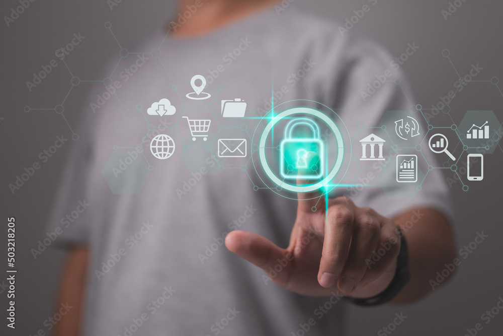 Aufkleber Cybersecurity and privacy concepts to protect data. Lock icon and internet network security technology. A businessman uses virtual screen interfaces to protect personal data.