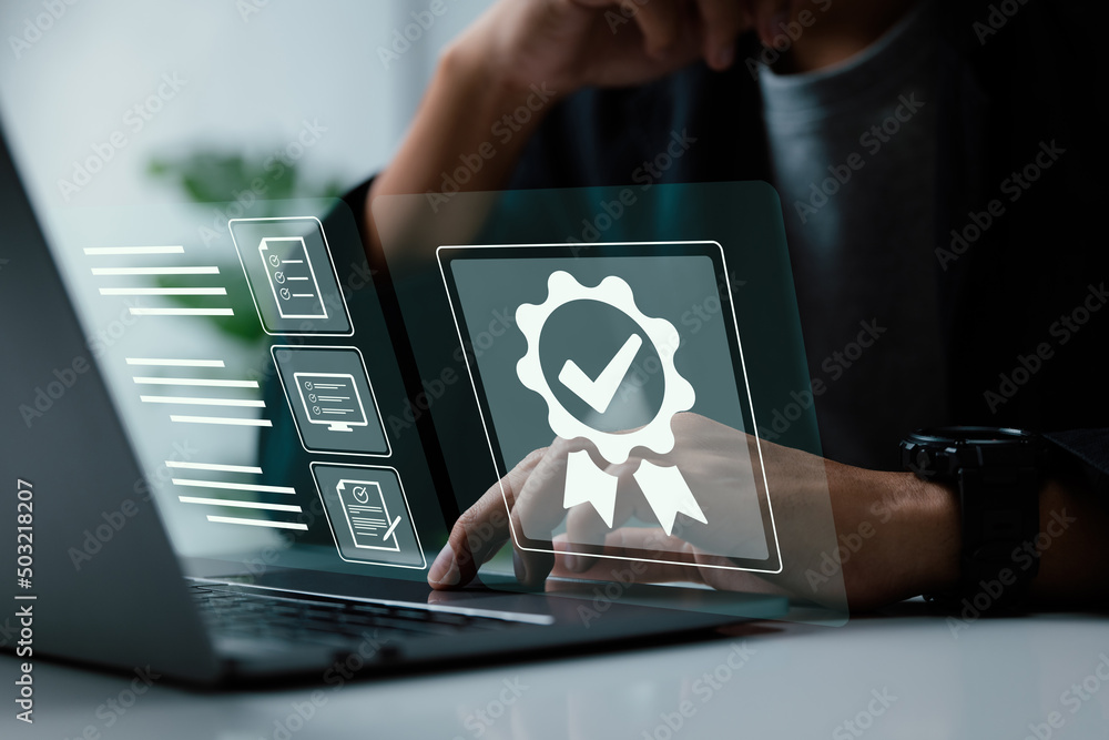 Poster a businessman operating with the quality assurance, guarantee, standards, iso certification, and sta