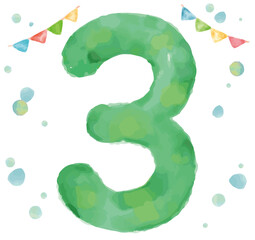 水彩画風、数字の3。ベクターイラスト素材。