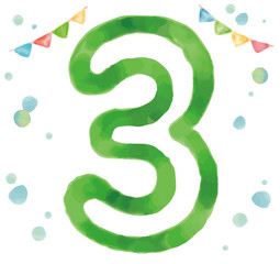 Obraz premium 水彩画風、数字の3。ベクターイラスト素材。