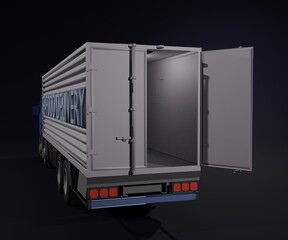Seafood delivery truck. Delivery vehicle with cooling room system 3d rendering