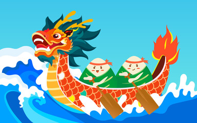 Dragon boat carrying zongzi on the river for the Dragon Boat Festival with mountains and clouds in the background, vector illustration