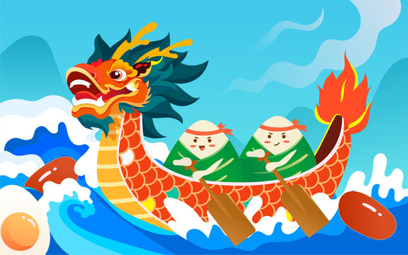 Dragon boat carrying zongzi on the river for the Dragon Boat Festival with mountains and clouds in the background, vector illustration