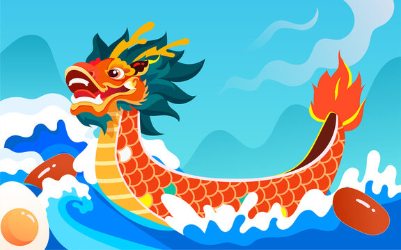 Dragon boat carrying zongzi on the river for the Dragon Boat Festival with mountains and clouds in the background, vector illustration