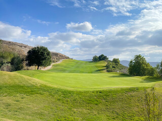 Golf Green Fairway Course Photo with Cloud Blue Sky