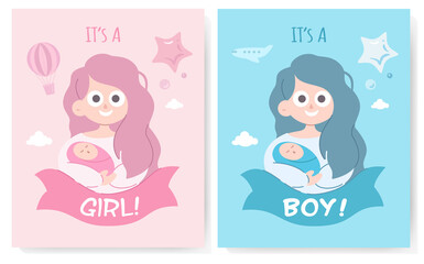 Happy mother holds the baby in her arms. Boy and girl vector illustrations with text: Its a boy, its a girl. Set Baby shower party concept for flyers and postcards design