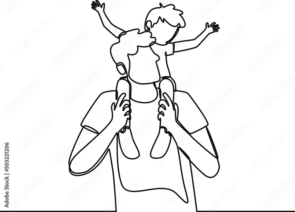 Wall mural continuous one line drawing of father with his child on back. father is superhero. happy father's da