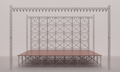 wood stage and speaker with spotlight on the truss system on the white background.3d redering. - obrazy, fototapety, plakaty