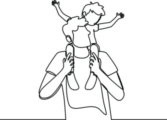 Fototapeta premium Continuous one line drawing of father with his child on back. Father is superhero. Happy father's day. Single line draw design vector graphic illustration.