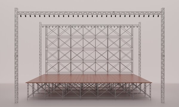 wood stage and speaker with spotlight on the truss system on the white background.3d redering.