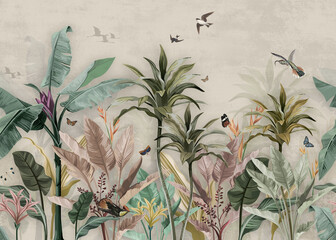 wallpaper palm  tropical forest vintage jungle pattern with birds - obrazy, fototapety, plakaty