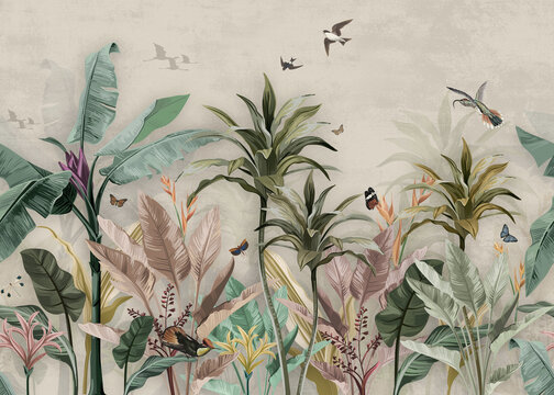 wallpaper palm tropical forest vintage jungle pattern with birds © haitham