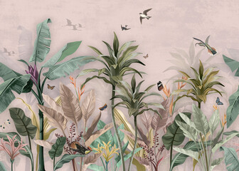 pink wallpaper palm  tropical forest vintage jungle pattern with birds - obrazy, fototapety, plakaty