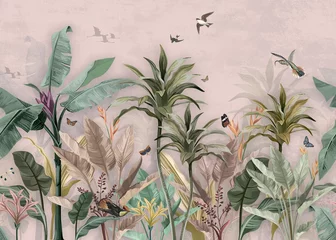 rosa Tapete Palme Tropenwald Vintage Dschungelmuster mit Vögeln © haitham
