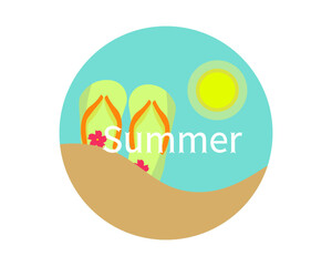 夏 ビーチと太陽 ロゴアイコン ビーチサンダル 広告・チラシ・ワンポイント ベクターイラスト