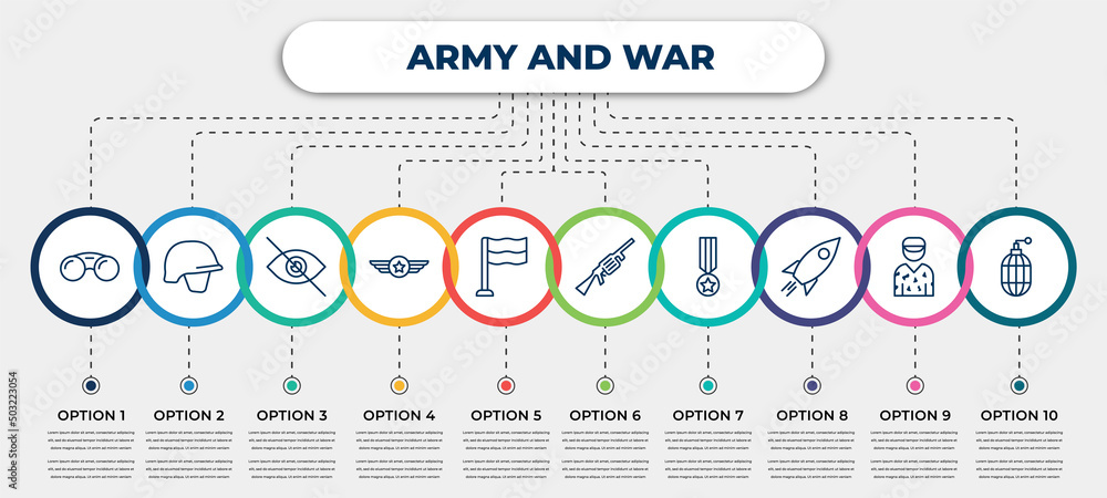 Poster vector infographic template with icons and 10 options or steps. infographic for army and war concept