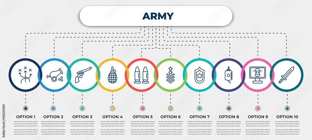 Poster vector infographic template with icons and 10 options or steps. infographic for army concept. includ