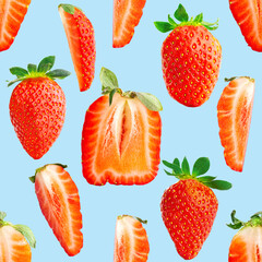Fresh strawberry seamless pattern. Ripe strawberries isolated on blue. Package design background. Falling strawberry selective focus.