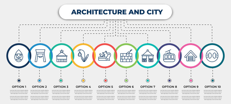 Vector Infographic Template With Icons And 10 Options Or Steps. Infographic For Architecture And City Concept. Included Gnome, Paifang, Arbor, Snowdrop, Wood Plane, Foundation, Gazebo, Cabl, Parking