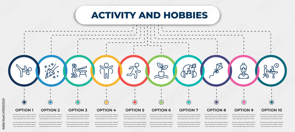 Aufkleber vector infographic template with icons and 10 options or steps. infographic for activity and hobbies
