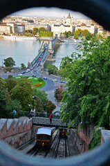 Blick von Seilbahn Budapest Straße und Fluss 