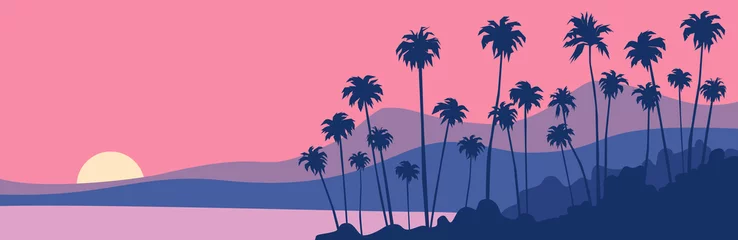 Poster sunset on the protical beach palm trees mountains ocean beautiful summer landscape vector illustration © tarikdiz