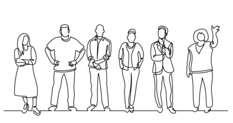 continuous line drawing of diverse group of standing people