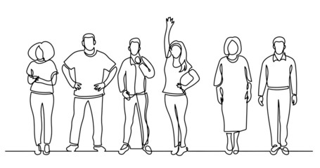 continuous line drawing of diverse group of standing people