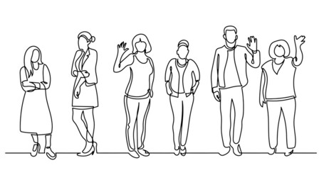 continuous line drawing of diverse group of standing people