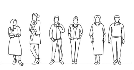 continuous line drawing of diverse group of standing people