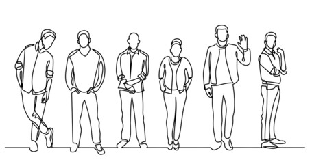 continuous line drawing of diverse group of standing people