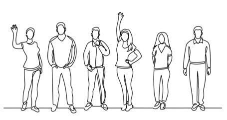 continuous line drawing of diverse group of standing people