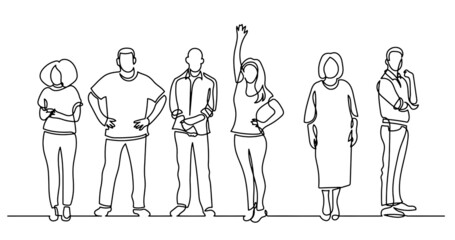 continuous line drawing of diverse group of standing people