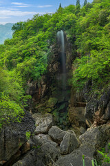 waterfall stream in mountains, high angle