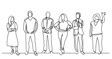 continuous line drawing of diverse group of standing people