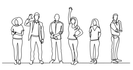continuous line drawing of diverse group of standing people