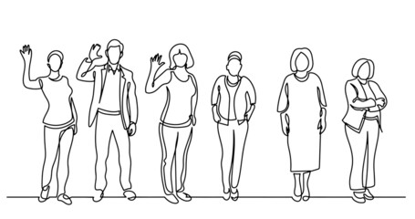 continuous line drawing of diverse group of standing people