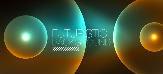 Shiny neon geometric abstract background. Glowing lights on round shapes, triangles and circles. Wallpaper for concept of AI technology, blockchain, communication, 5G, science, business
