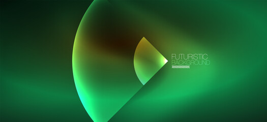 Shiny neon geometric abstract background. Glowing lights on round shapes, triangles and circles. Wallpaper for concept of AI technology, blockchain, communication, 5G, science, business