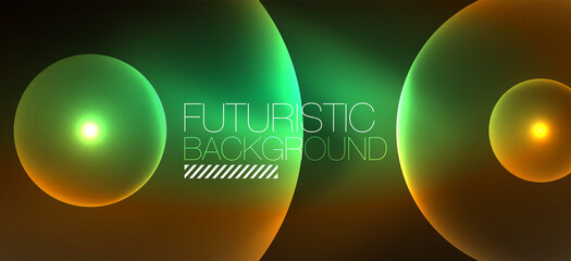 Shiny neon geometric abstract background. Glowing lights on round shapes, triangles and circles. Wallpaper for concept of AI technology, blockchain, communication, 5G, science, business