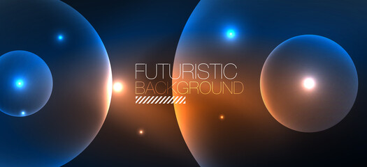 Shiny neon geometric abstract background. Glowing lights on round shapes, triangles and circles. Wallpaper for concept of AI technology, blockchain, communication, 5G, science, business