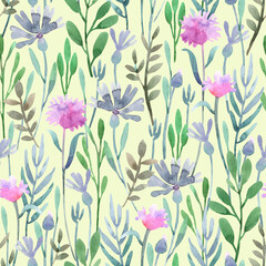 Watercolor wild flowers floral seamless pattern. Hand drawn elegant, delicate botanical background. Repeatable texture, wrapping paper, stationery, wallpaper, scrapbooking, fabric, paper, textile