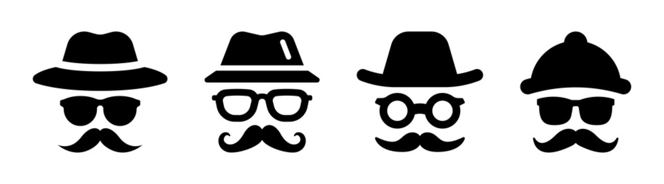 Gentleman icon set. Man wear glasses with hat and mustache icon in black design.