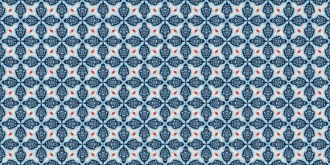 Indigo blue red batik geo nautical seamless border pattern. Modern marin geometric kaleidoscope banner. Nantucket fabric textile style. Summer rustic masculine worn linen effect edging trim tape 