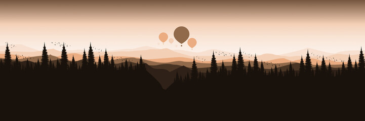 hot air balloon flying at mountain landscape flat design vector illustration good for wallpaper, background, banner, backdrop, tourism and design template