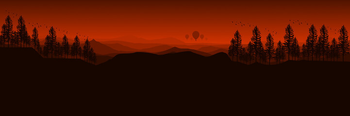 hot air balloon flying at mountain landscape flat design vector illustration good for wallpaper, background, banner, backdrop, tourism and design template