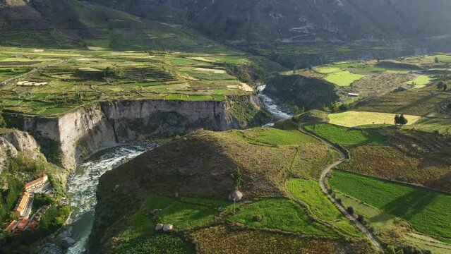 Chivay, Colca Canyon, Peru: Drone footage of the famous colca river and its canyon near Chivay in the Arequipa region in the Andes in Peru in south Amercia