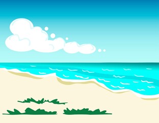 Fototapeta na wymiar Simple color vector illustration. For postcard design, vacation and travel, tourism. Seashore, sandy beach, grass, white clouds. Paradise island in the ocean, turquoise water.