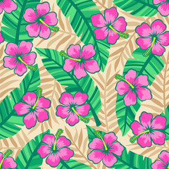 Pink hibiscus flower with tropical leaf seamless pattern for summer holidays background.