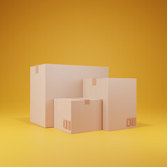 3d beautiful cardboard box parcel on yellow background, packaging. 3d render.